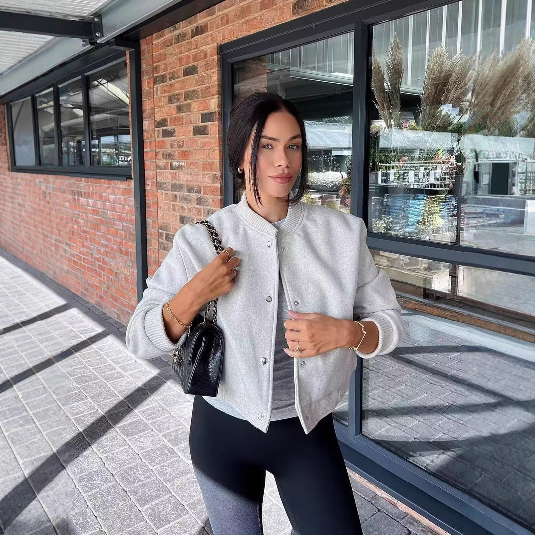 Damen Kurzgeschnittene Wollmix Bomberjacke mit Druckknöpfen und Rippbündchen Shop Nory