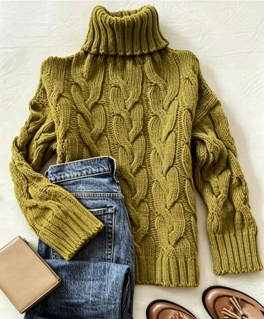 Damen Grobstrick-Rollkragenpullover mit markanten Zopfmustern und gerippten Bündchen Shop Nory
