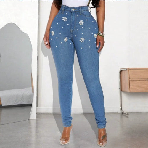 Damen Hochtaillierte figurformende Skinny-Jeans mit Perlenblüten-Applikation Shop Nory