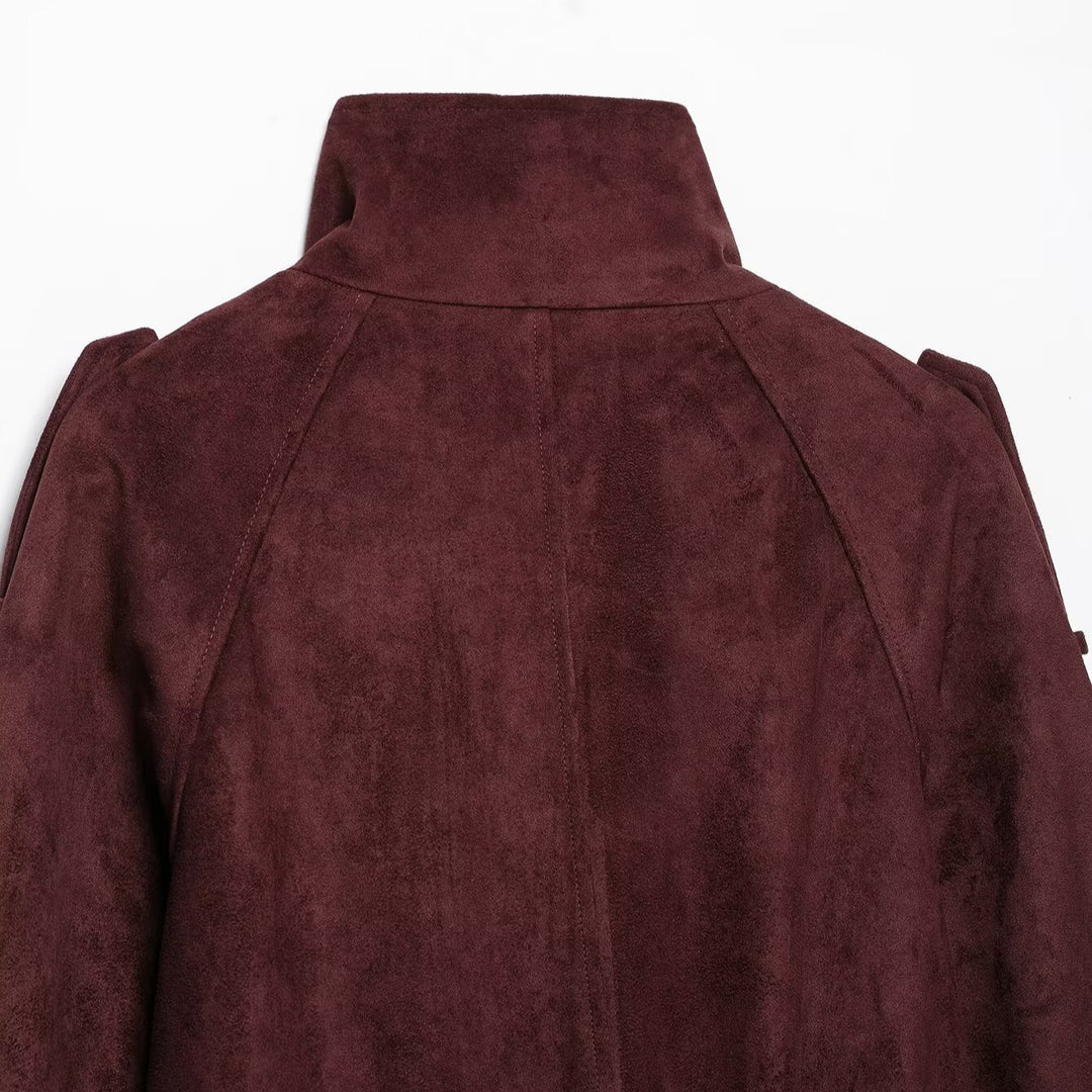 Damen Kurze Trenchjacke aus Veloursoptik mit hohem Stehkragen und Bindegürtel Shop Nory