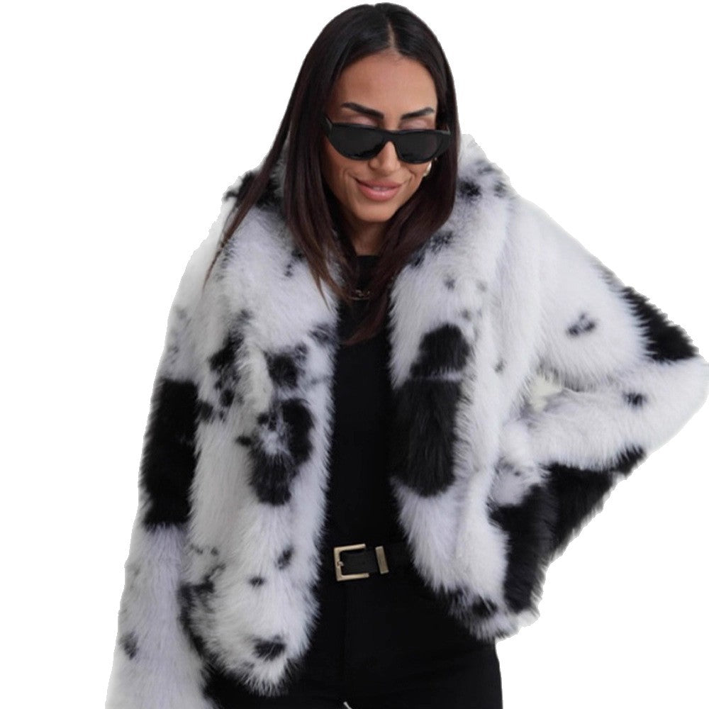 Damen Kurz geschnittener Faux‑Fur‑Bomber mit Fleckenmuster Shop Nory