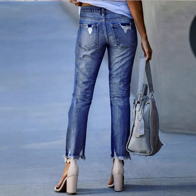 Damen knöchellange gerade geschnittene Destroyed-Jeans mit hoher Taille und ausgefranstem Saum Shop Nory