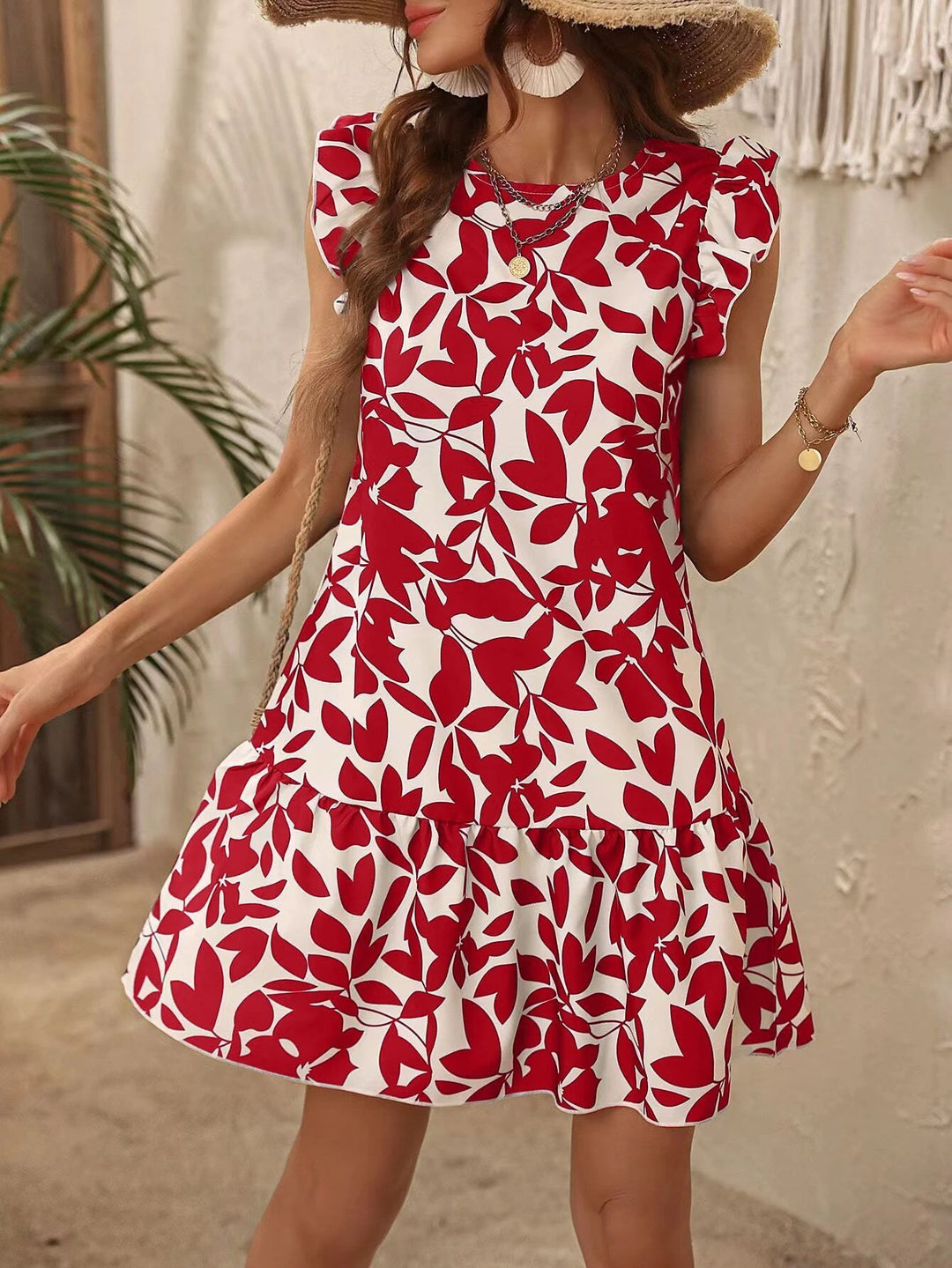 Damen Leichtes Stufen‑Kurzkleid mit Rüschenärmeln und botanischem Print Shop Nory