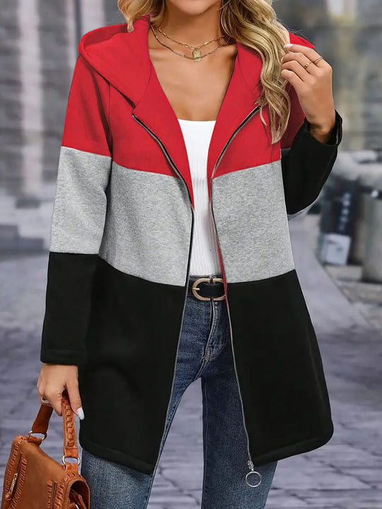 Damen Kapuzen-Farbblock-Mantel mit durchgehendem Reißverschluss, oversized Schnitt und mittellanger Silhouette Shop Nory