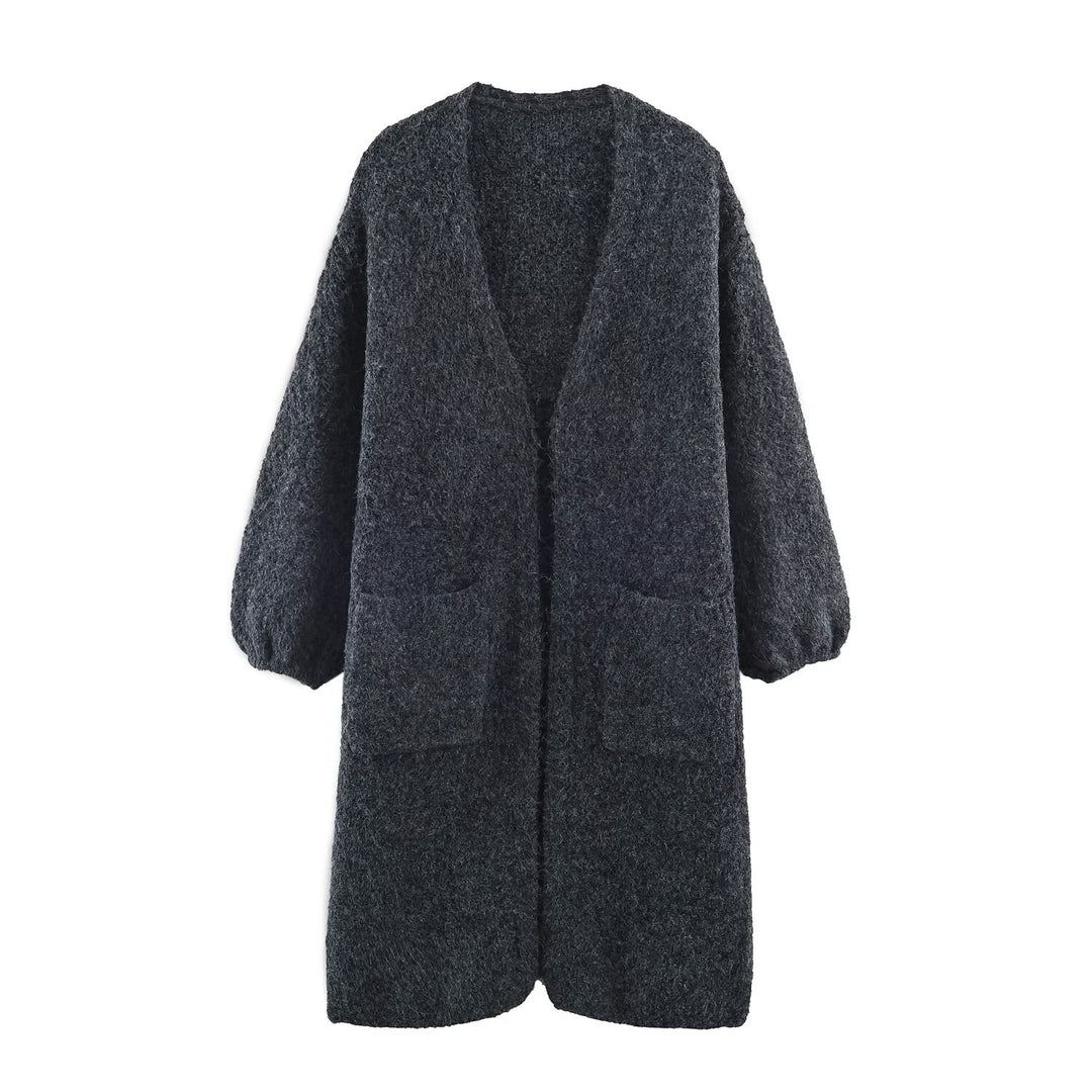 Damen Oversize Strickmantel mit V‑Ausschnitt, kuscheliger Bouclé‑Optik und aufgesetzten Taschen Shop Nory