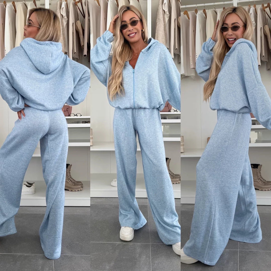 Damen Loungewear-Anzug aus weichem Fleece mit Kapuze und weitem Schnitt Shopnory