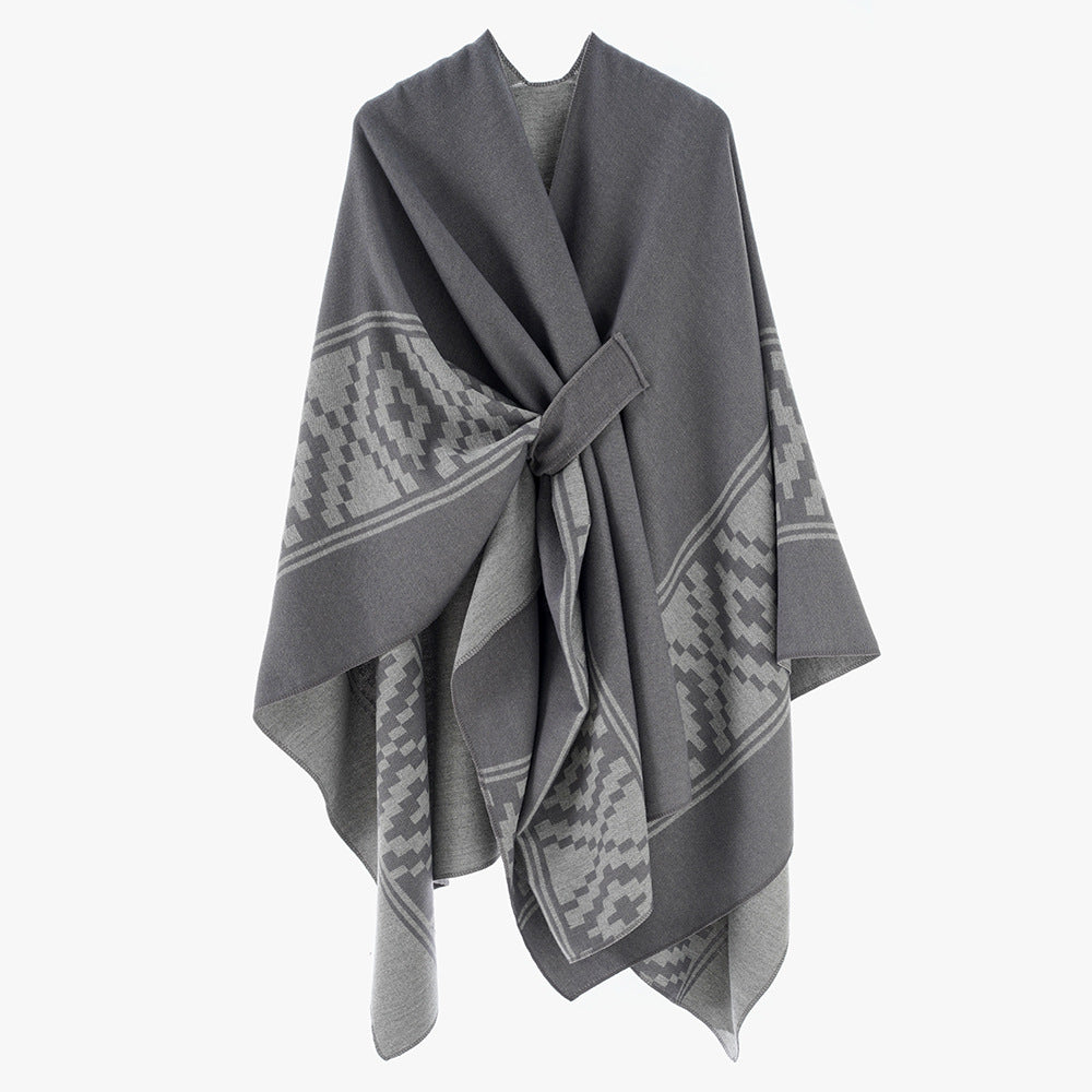 Damen Jacquard‑Ruana mit Bindegürtel und geometrischem Muster Shop Nory