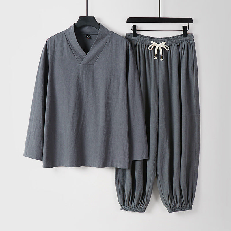 Herren Lockeres Leinen-Loungewear-Set mit V-Ausschnitt elastischem Bund und gerafften Knöcheln Shop Nory