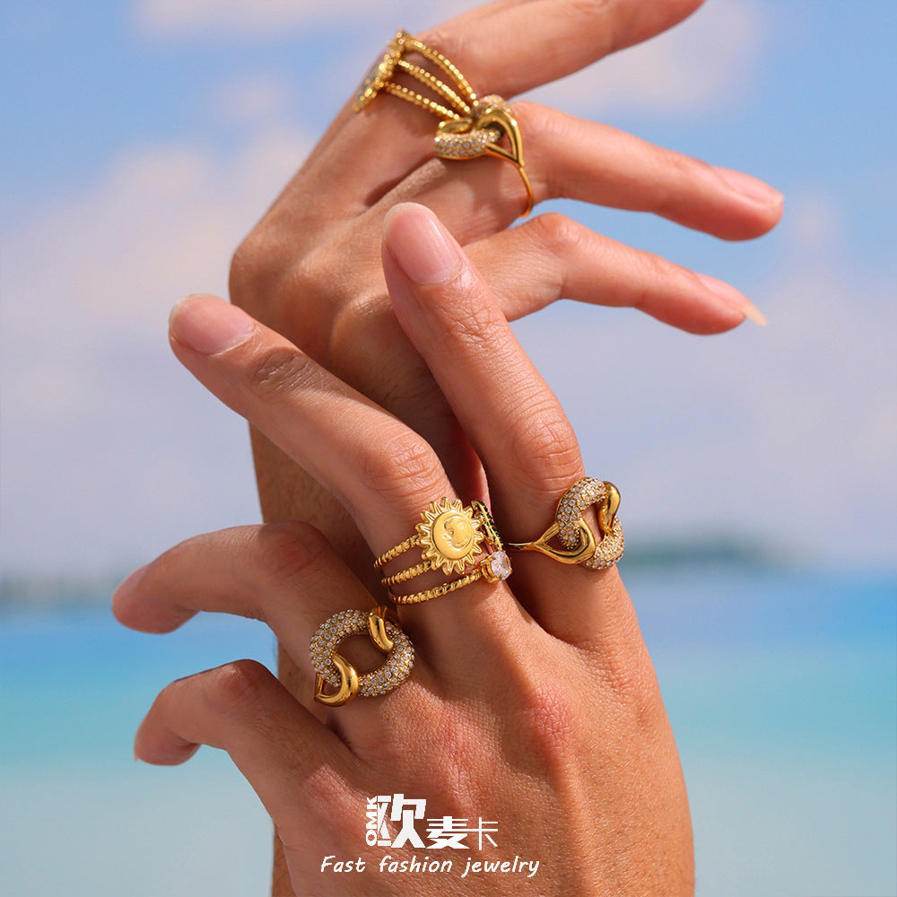 Damen Offener Ring mit kunstvollem Sonnen- und Zirkon-Design Shop Nory