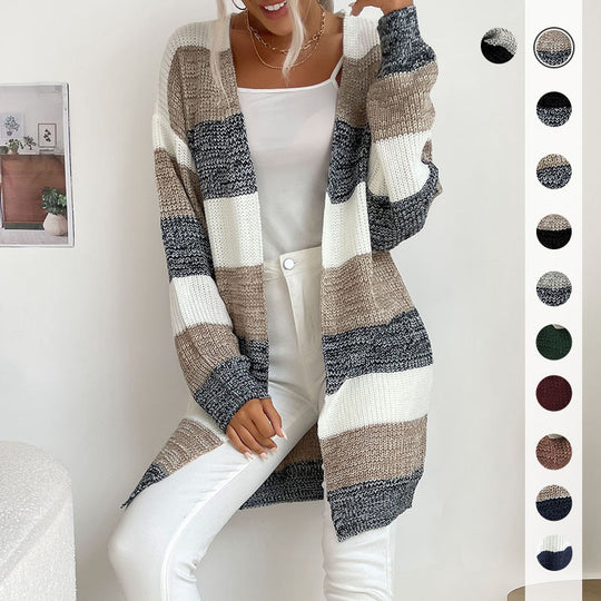 Damen Langer Oversize-Strickcardigan mit Blockstreifen und offener Front Shop Nory