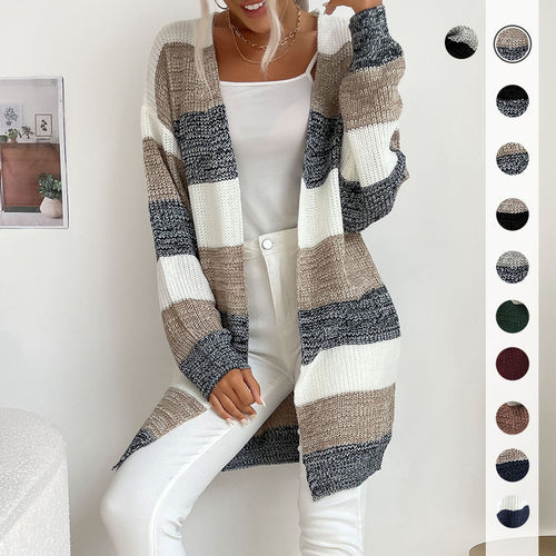 Damen Langer Oversize-Strickcardigan mit Blockstreifen und offener Front Shop Nory