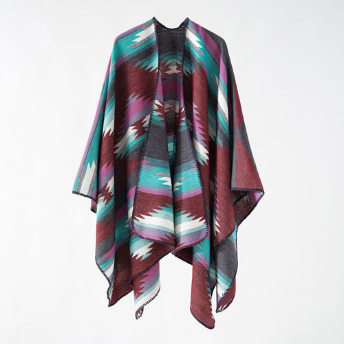 Damen Wolloptik-Ruana mit grafischem Ethno-Jacquard und dekorativer Kettelnaht Shop Nory