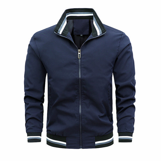 Herren Lässige Bomberjacke aus windabweisendem Nylon mit gestreiften Rippbündchen und Stehkragen Shop Nory