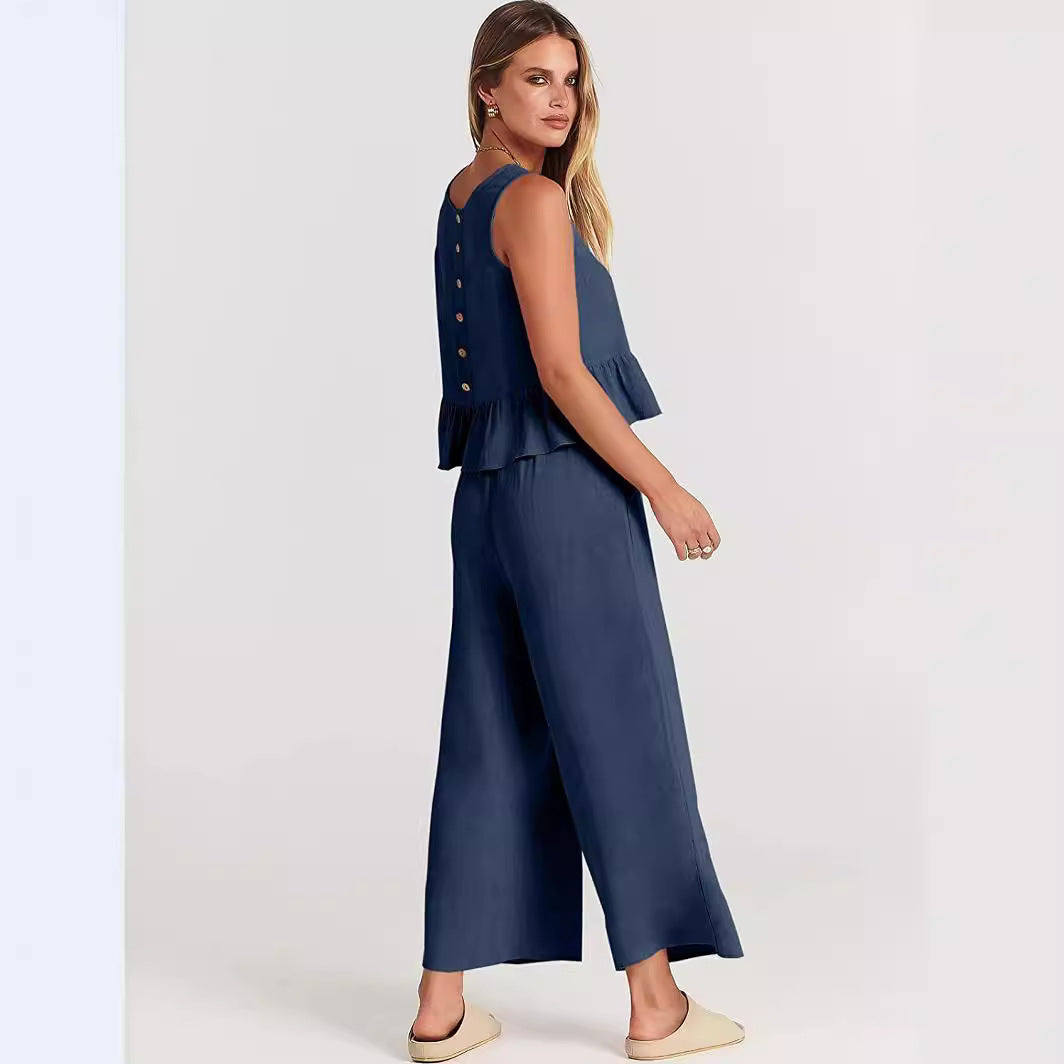 Damen Zweiteiler-Set mit schickem Peplum-Oberteil und weit geschnittenen Hosen