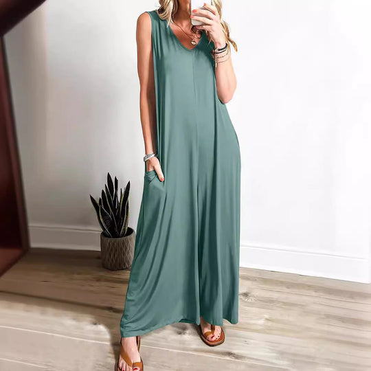 Damen weit geschnittene Jumpsuit mit V-Ausschnitt