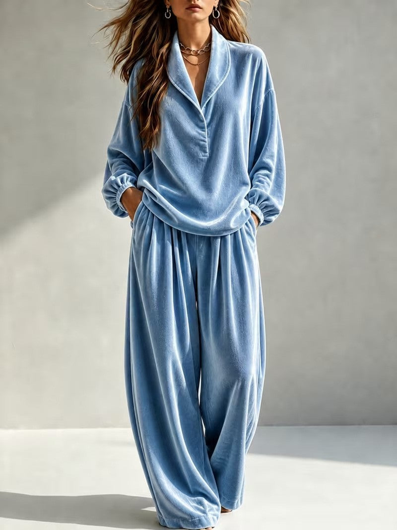 Damen Luxuriöses Velours-Loungewear-Set mit Schalkragen und weiter Palazzo-Hose Shop Nory