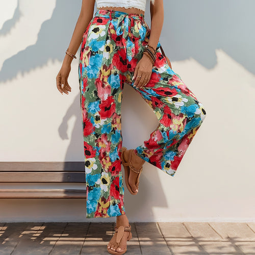 Damen Leichte High‑Waist Marlenehose mit floralem Aquarellprint, weitem Bein & Bindegürtel Shop Nory