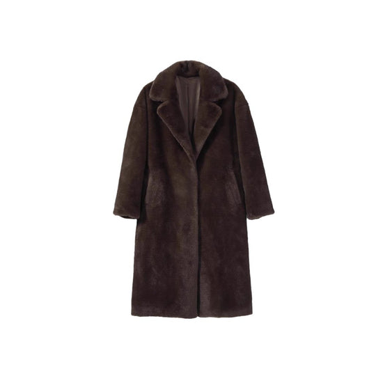 Damen langer Hochflor-Mantel aus Kunstfell mit Schalkragen und legerem Schnitt Shop Nory