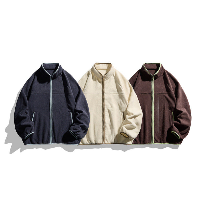 Unisex Fleecejacke mit durchgehendem Reißverschluss im Oversize-Boxy-Schnitt, Stehkragen und Kontrastpaspel Shop Nory