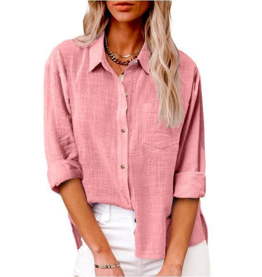 Damen lässige Leinenbluse mit kurzem Arm und Knopfdetails