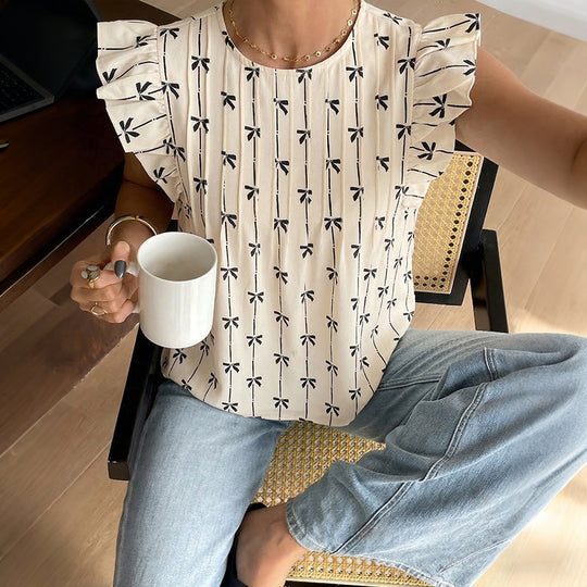 Damen Leichte Baumwollbluse mit Rüschenärmeln, Plissee-Falten und Schleifenprint Shop Nory