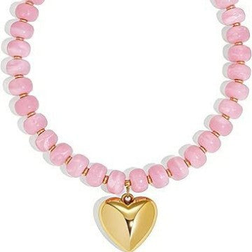 Damen Halskette mit herzförmigem Anhänger und bunten Holzperlen Shop Nory