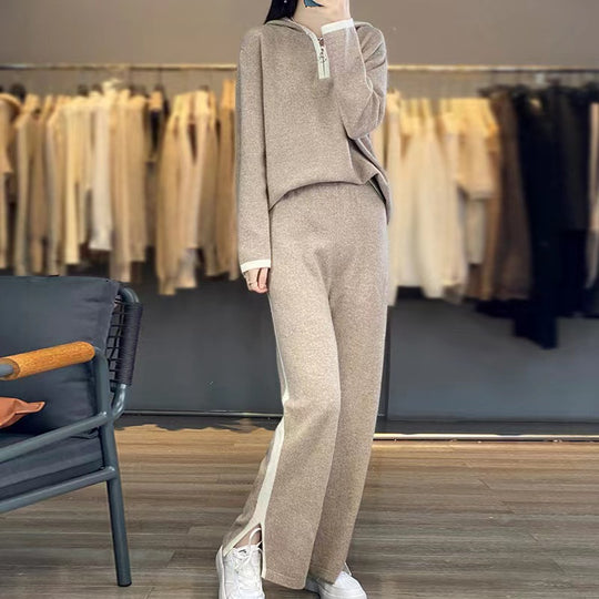 Damen Strick-Relax-Set mit Kapuze, weitem Bein und seitlichem Kontraststreifen Shop Nory