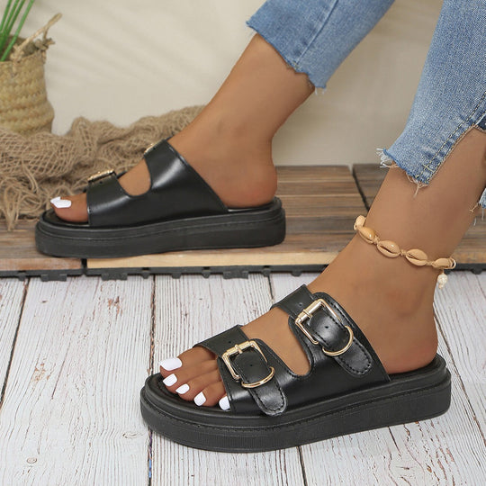 Damen Wedge-Pantoletten mit modischen Doppelriemen und trendigem Plateau-Heel