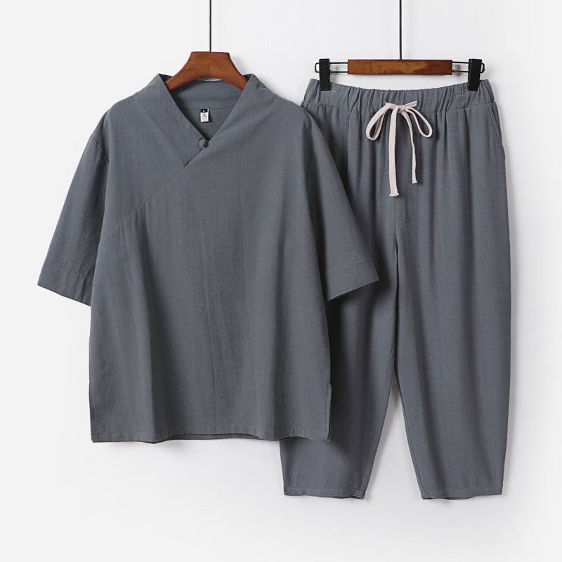 Herren Atmungsaktives Leinen-Baumwoll Lounge-Set mit asymmetrischem V-Kragen und elastischer Kordelhose Shop Nory