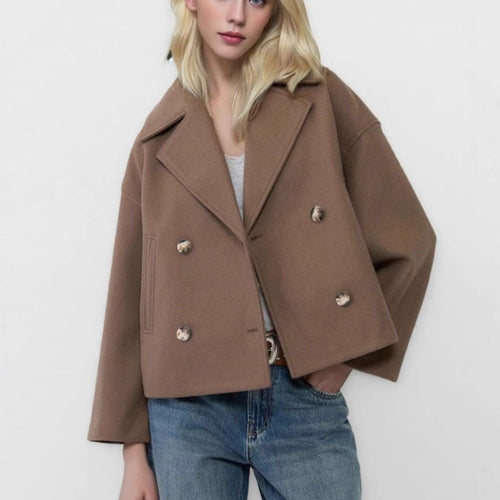 Damen nan kurzes doppeltreihiges Wollmix-Manteljacke im Boxy-Cut mit weitem Reverskragen Shop Nory