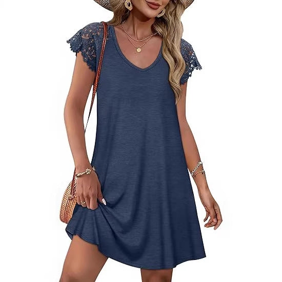 Damen Sommerkleid mit eleganten Spitzenärmeln und floralem Muster