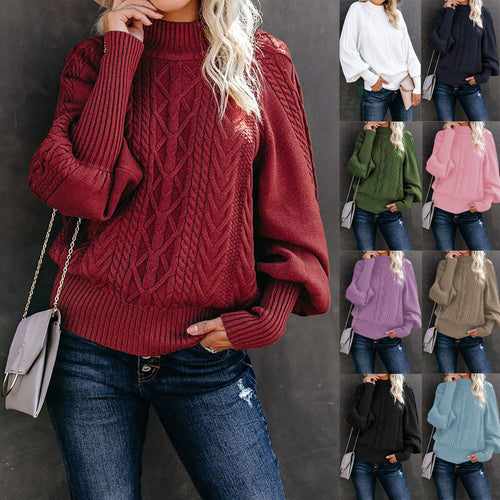 Damen Grobstrick-Pullover mit Zopfmuster, Stehkragen und Ballonärmeln Shop Nory