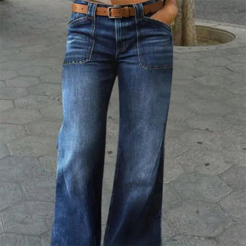 Damen Hochtaillierte Denim-Jeans mit weitem Schlagbein und aufgesetzten Vordertaschen Shop Nory
