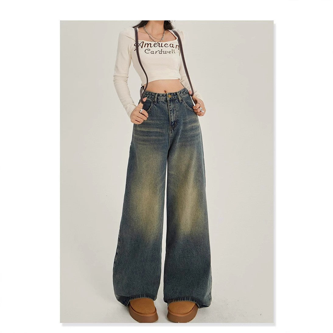 Damen Weite High-Waist Denim-Jeans im lässigen Stil
