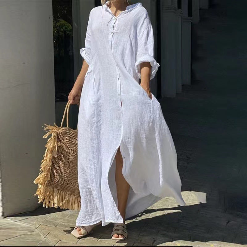 Einreiher Baumwoll-Leinen Plus Size Langkleid