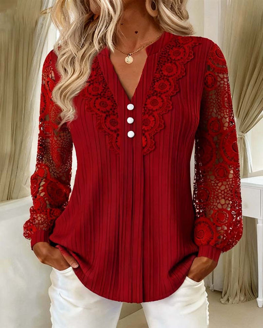 Damen Elegante Plissée-Bluse mit Spitzenärmeln und V-Ausschnitt Shop Nory