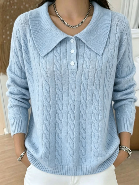 Damen Kabelstrick-Polo-Pullover mit großem Umlegekragen und lockerer Silhouette Shop Nory