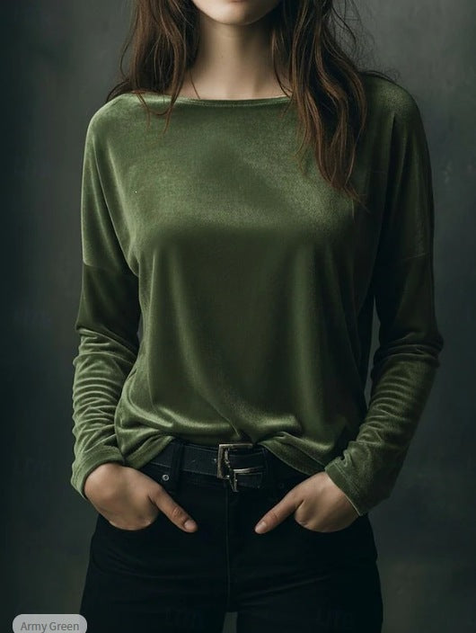 Damen Feines Velours-Langarmshirt mit U-Boot-Ausschnitt und kastiger Silhouette Shop Nory