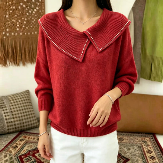 Damen Pullover mit übergroßem Matrosenkragen und Perlenbesatz Shop Nory
