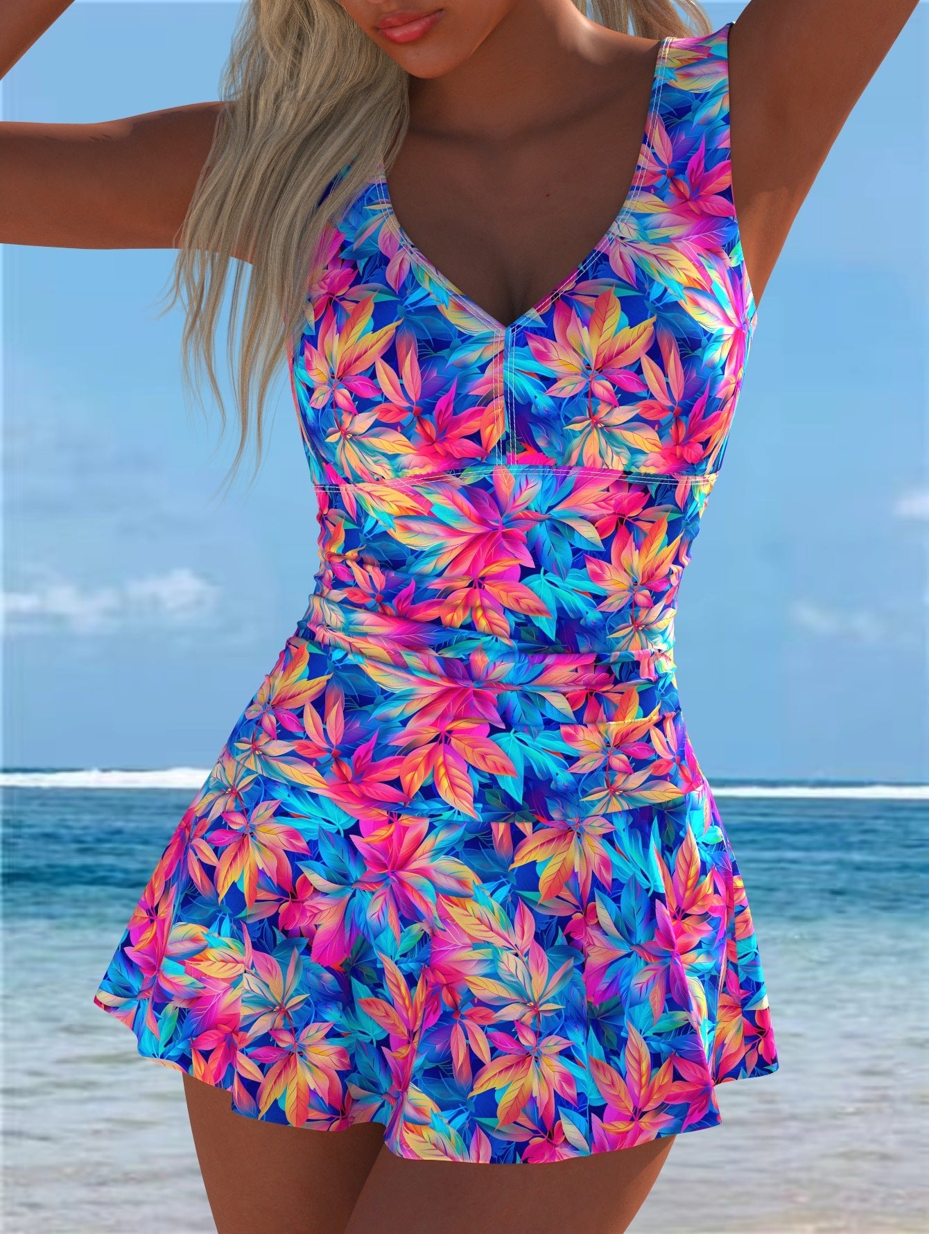 Damen Schwimmdress mit volanthaftem Saum und lR&Bhaftem Muster Shopnory