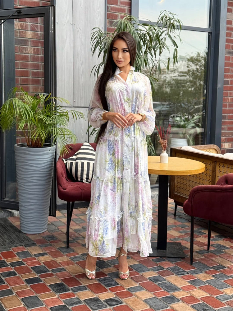 Damen Langes Chiffon-Stufenmaxikleid mit Volants & zarten Blumen-Print Shop Nory