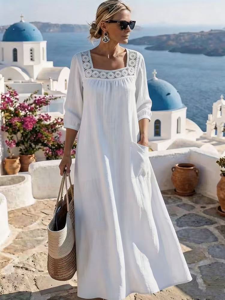Damen Maxikleid mit gehäkeltem Quadrat-Ausschnitt, dreiviertel Ärmeln und Eingrifftasche Shop Nory