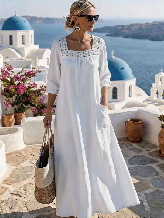Damen Maxikleid mit gehäkeltem Quadrat-Ausschnitt, dreiviertel Ärmeln und Eingrifftasche Shop Nory