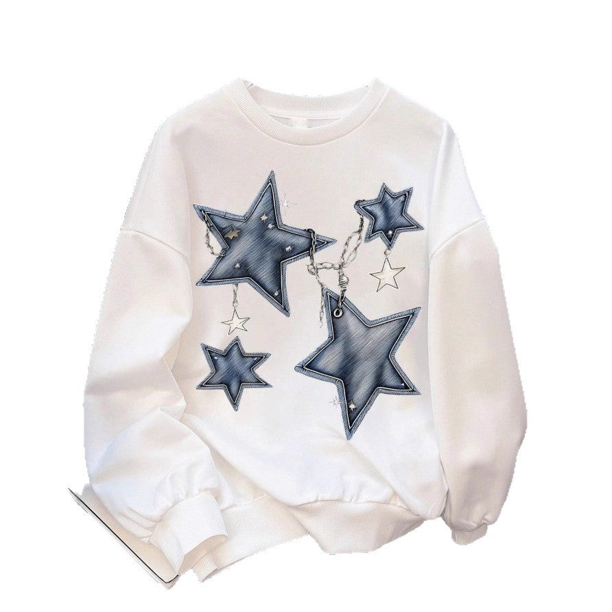 Damen nan lässiges Oversize-Sweatshirt mit gestickten Stern-Applikationen in Jeans-Optik und geripptem Saum Shop Nory