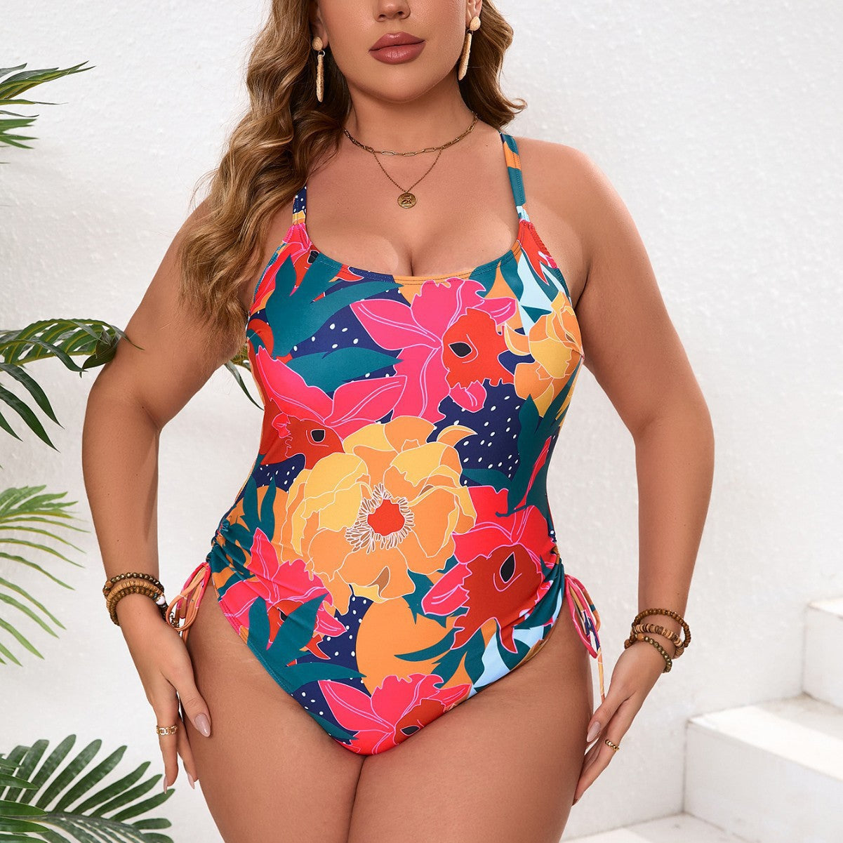 Damen Einteiler Badeanzug mit floralem Design und verstellbaren Trägern