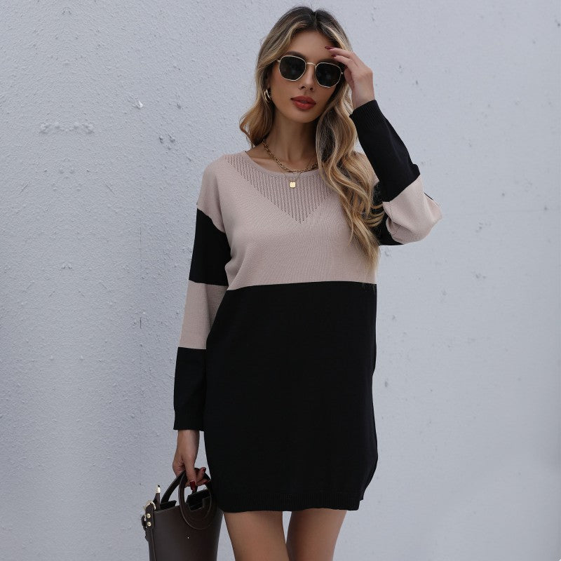 Damen Feinstrick-Minikleid mit Colorblock-Design, V‑Ajour-Ausschnitt und geripptem Saum Shop Nory