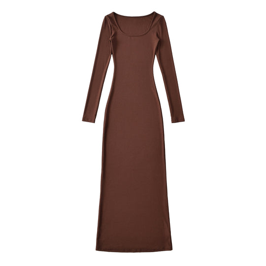 Damen Figurnahes geripptes Midikleid mit weitem Rundhalsausschnitt und langen Ärmeln Shop Nory
