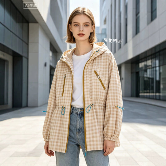Damen Leichter Vichy‑Karo‑Parka mit Kapuze, Tunnelzugtaillierung und Reißverschlusstaschen Shop Nory