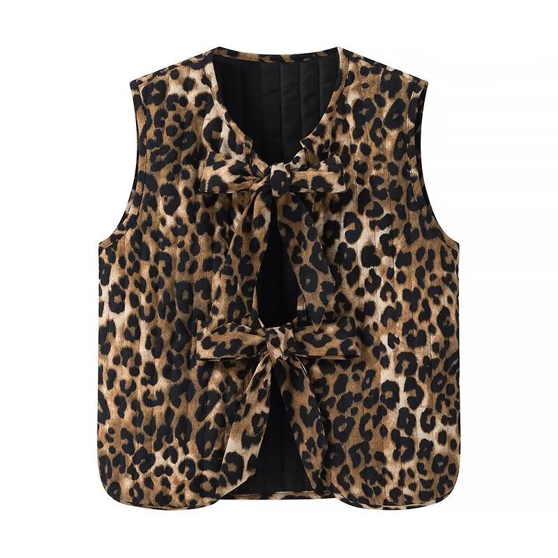 Damen Ärmellose Leoparden-Print-Weste mit Bindeschleifen und strukturierter Oberfläche Shop Nory