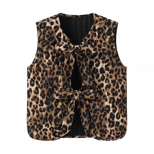Damen Ärmellose Leoparden-Print-Weste mit Bindeschleifen und strukturierter Oberfläche Shop Nory